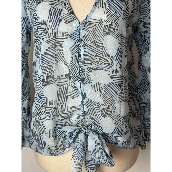Waverly Grey Shirt Women Small Blue Abstract Chiffon Button Front Tie Waist Top - Picture 7 of 9